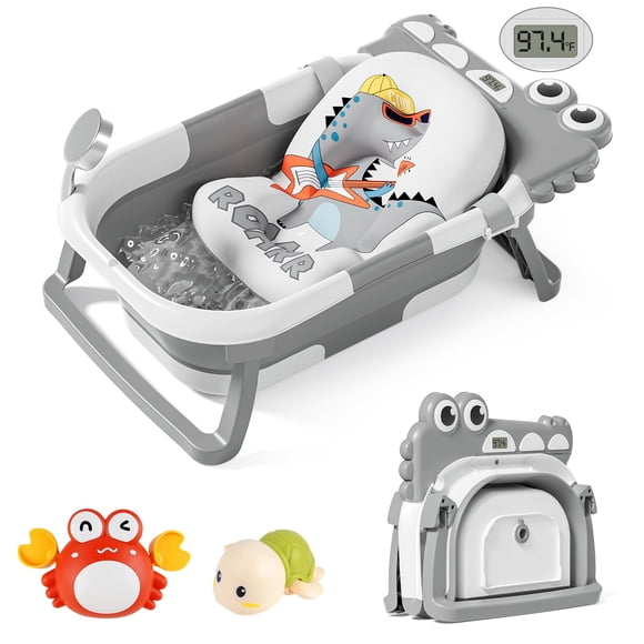 Bañera plegable para bebés TPN con monitor de temperatura en tiempo real, color gris