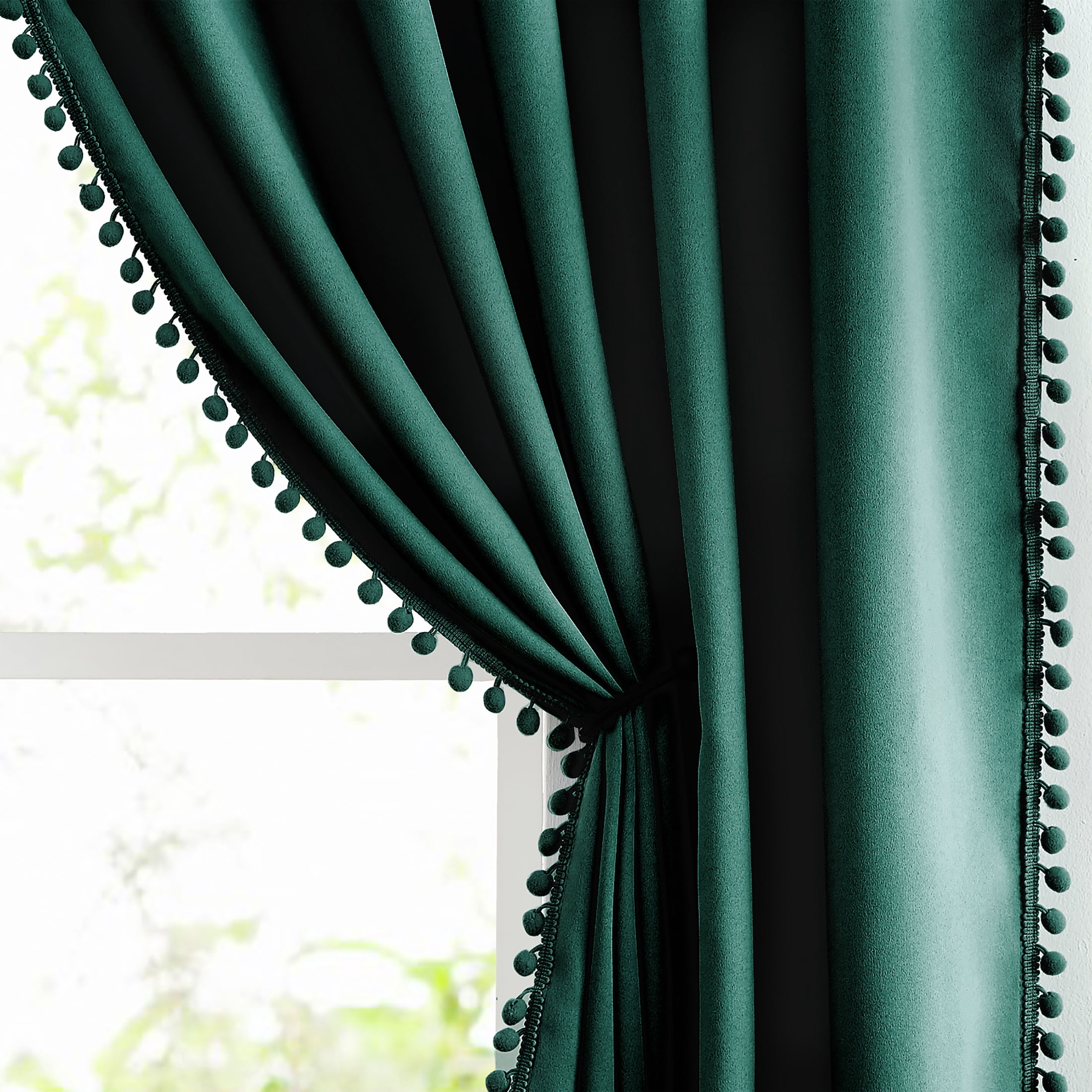 Exultantex Full Black Out Curtains Green Pompom Thermal Insulated Velvet Drapes for Home Décor, 50"W x 63"L, 2 Panels, Rod Pocket