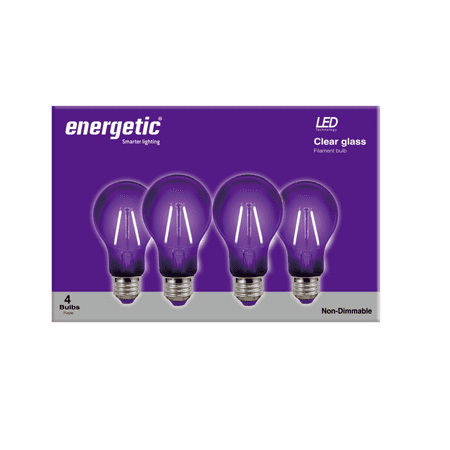 Purple Lightbulb Energetic LED Color Filament Light Bulbs, 2W, Purple, A19 Shape, E26 Base, UL Listed, 4-count ()
