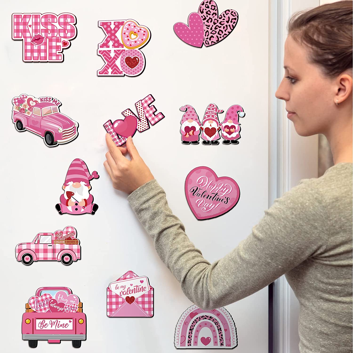 12 Pieces Valentine's Day Refrigerator Magnets Set Red Pink Holidays Magnetic Stickers Holiday Magnets Heart Magnets Valentine's Day Magnets Refrigerator Decorative Magnets for Car Door Dishwasher
