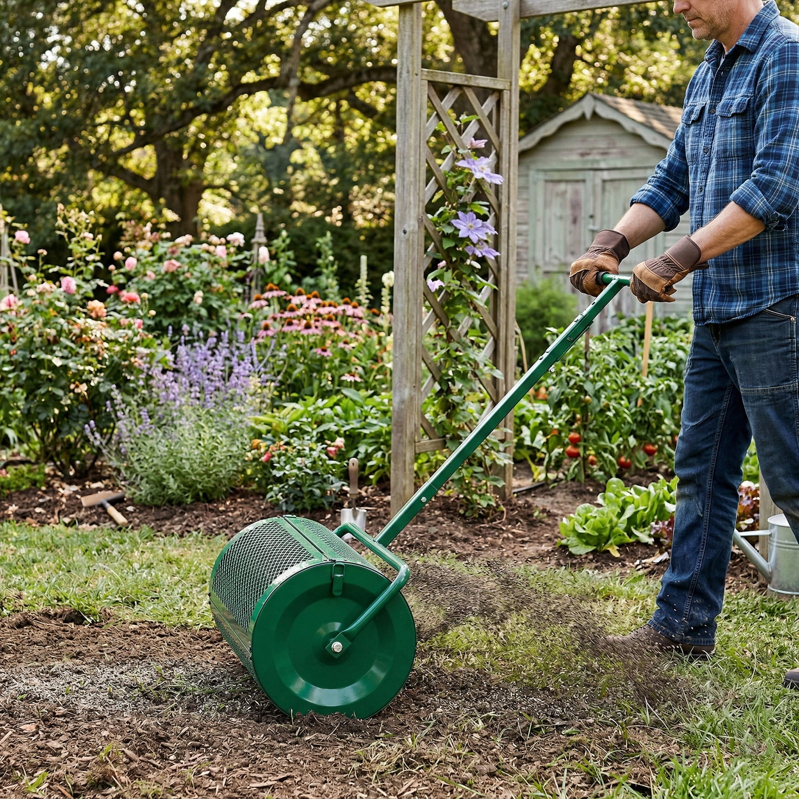 Ktaxon 30" Compost Spreader with Adjustable Handle, Green Steel Mesh Basket for Peat Moss & Manure