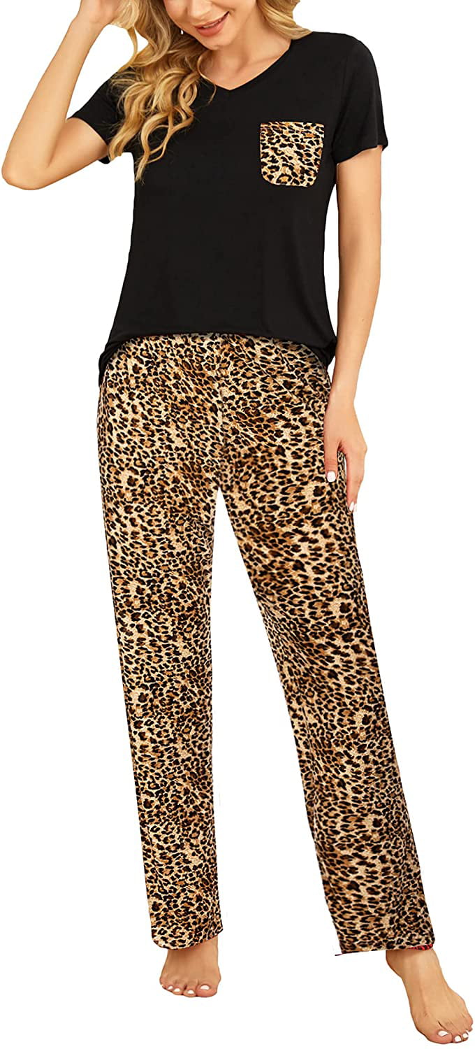 Womens Two Piece Long Pajamas Set Loungewear Sleepwear Shirt Top and Leopard Print Long Pants