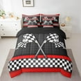thumbnail image 2 of Erosebridal Race Car Theme Reversible Comforter Set 7 Piece King Size,Black White Checkered Flag Print Bed Sheet Set Red Stripes Geometric Grid Plaid Bedding Set with Comforter,Fitted & Flat Sheet, 2 of 5