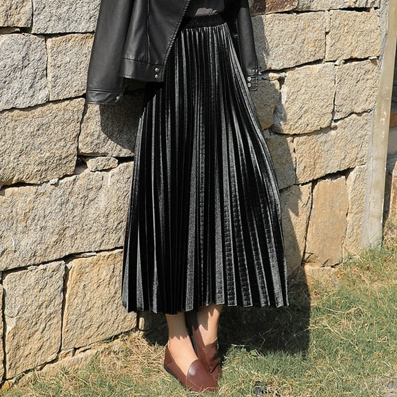 Dyfzdhu Summer Dresses For Women Casual Velvet Solid Color Long Half Skirt High Waist Pleated Skirt