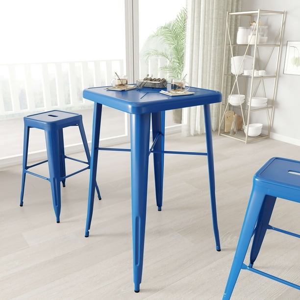 Merrick Lane Bar Height Patio Dining Table with Blue Metal Frame and 23