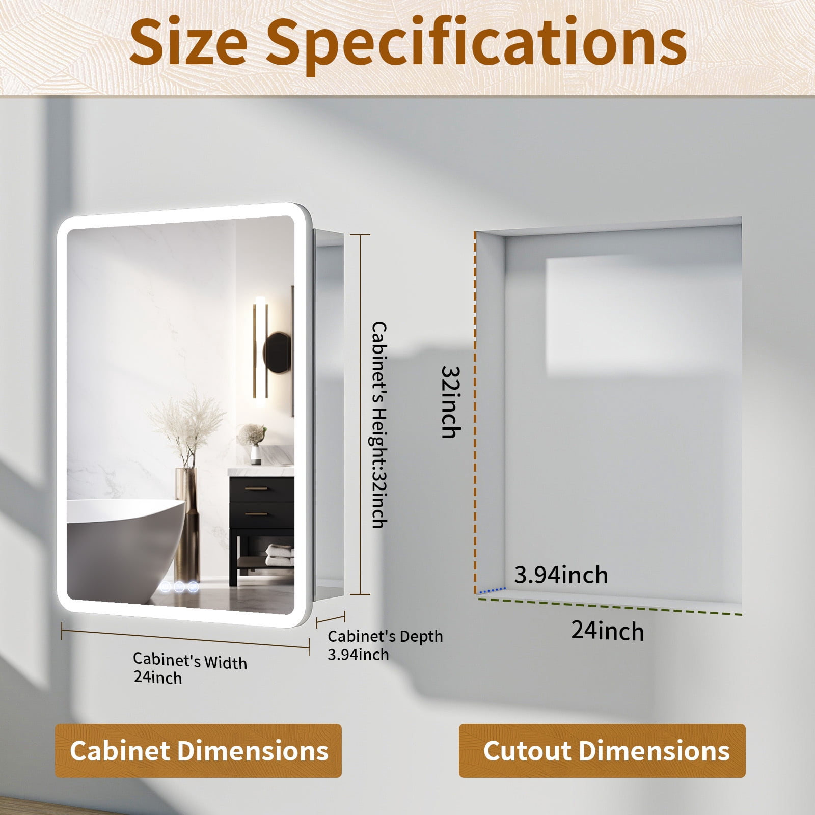 BEAUTYPEAK 24" x 32" Bathroom LED Mirror Medicine Cabinet with Storage Adjustable 3 Color Temperature