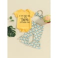 thumbnail image 2 of Bslissey Infant Girls Summer 3Pcs Outfits Baby Girl Short Sleeve Letter Print Romper + Cartoon Print Flare Pants + Headband 3M 6M 12M Newborn Casual Long Pants Sets, 2 of 9