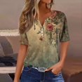 thumbnail image 2 of Floral Print Henley T-Shirt for Women, Short Sleeve V-Neck Button Top - Soft Summer Casual Tee with Slim Fit Army Green L, 2 of 8