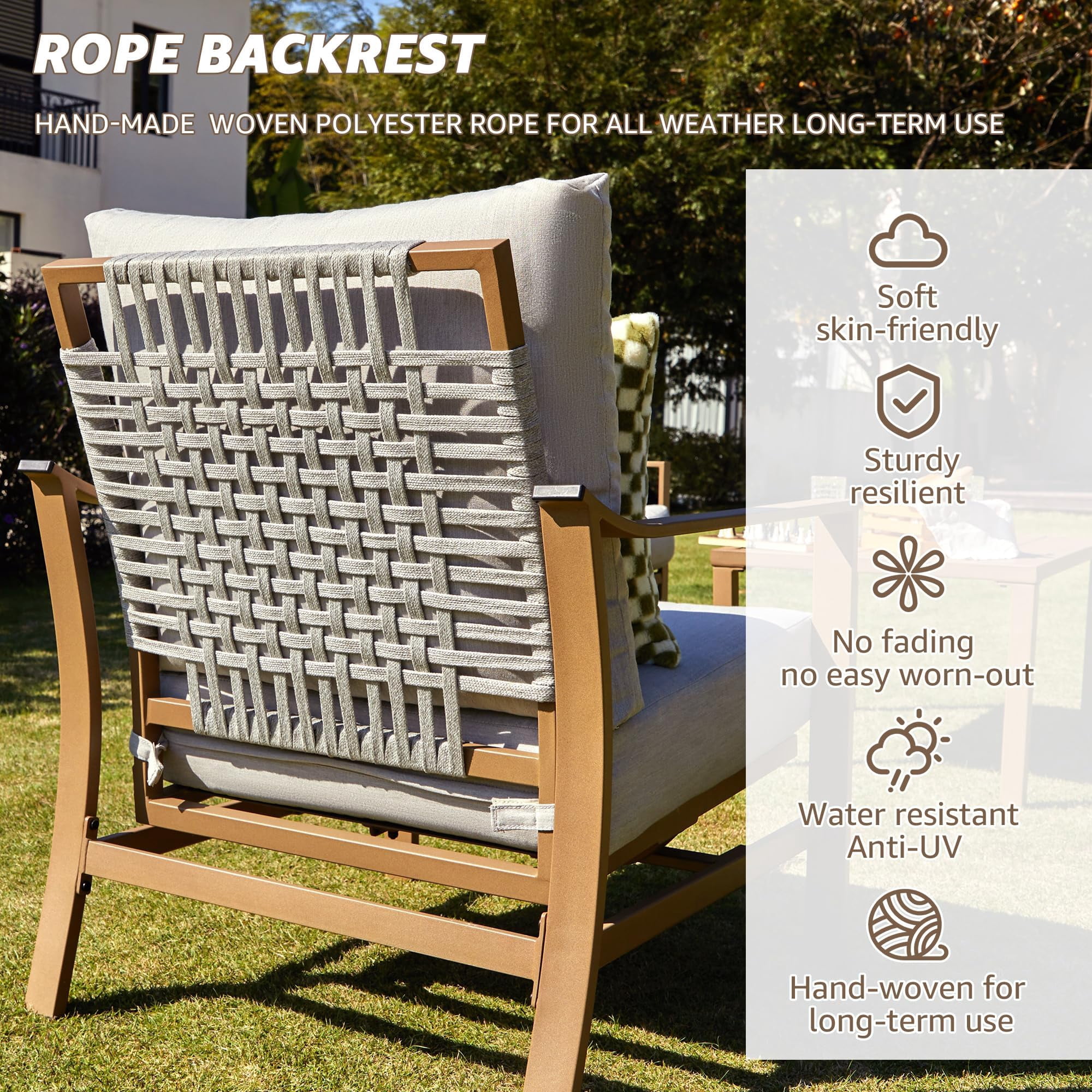 NATURAL EXPRESSIONS 4 Pieces Patio Furniture Sets, Modern Metal Outdoor Conversation Sets with High Back All Weather Hand-Woven Rope Rocking Chairs, Loveseat, Metal Table, 6" Thick Olefin Cushions