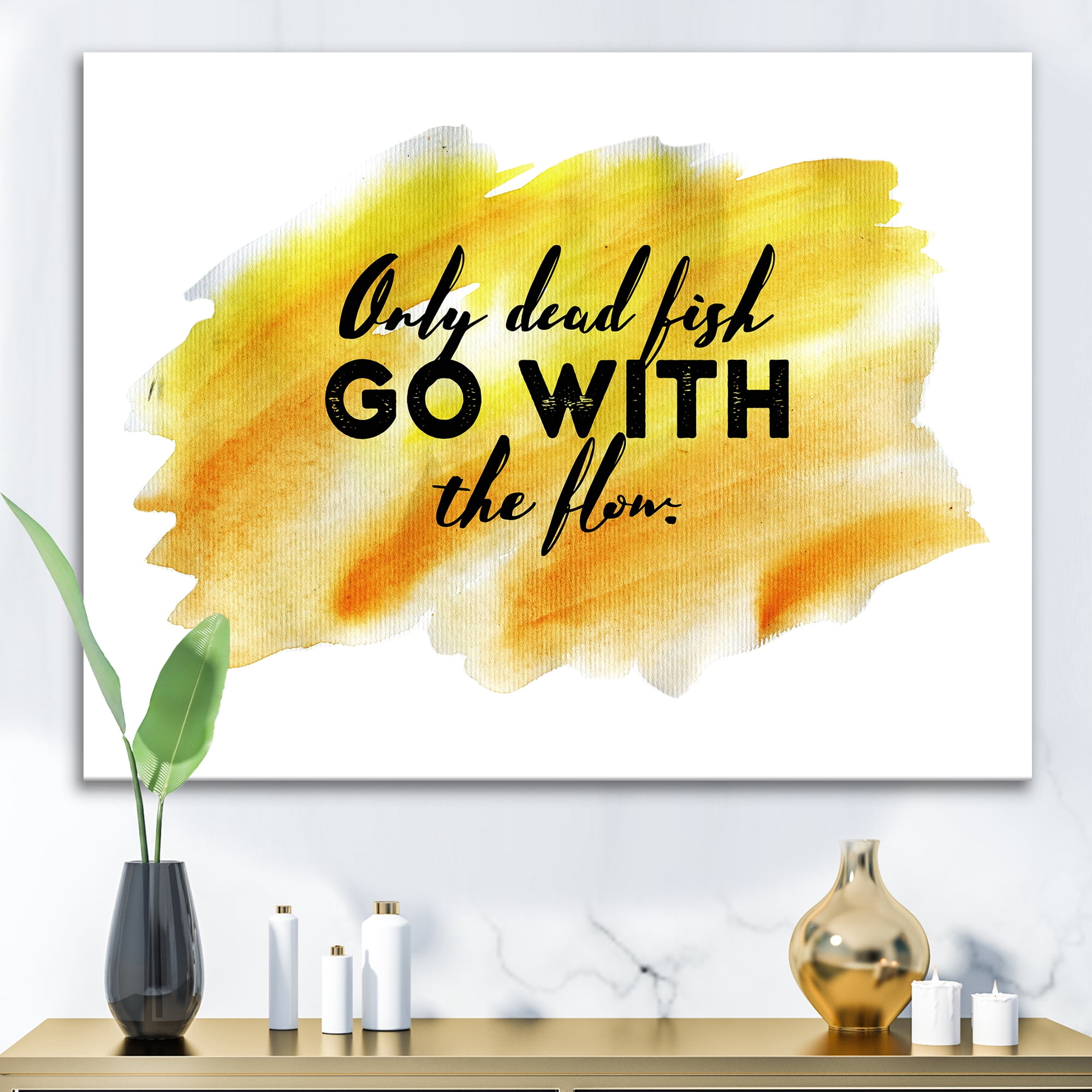 Designart ' Only Dead Fish Go With The Flow On Yellow Strokes ' Modern Canvas Wall Art Print