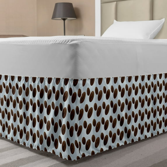 Espresso Bed Skirt, Repeating Pattern with Cartoonish Coffee Beans on Lines, Elastic Bedskirt Dust Ruffle Wrap Around for Bedding Decor, 4 Sizes, Pale Ceil Blue Baby Blue, by Ambesonne