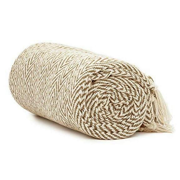 Americanflat 50x60 Throw Blanket, 100% Cotton with Fringe, Khaki and Beige Herringbone, all seasons blanket