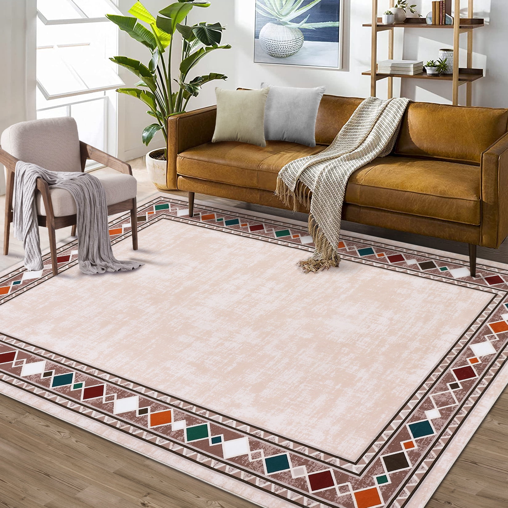 Garvee 9'x12' Geometric Bordered Area Rugs Contemporary Rugs for Living Room, Non-Slip Washable Rugs Soft Throw Rugs Low-Pile Stain Resistant Carpet for Bedroom Dining Room Farmhouse, Beige