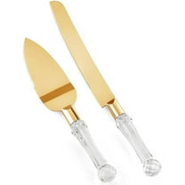 Homi Styles Wedding Cake Knife and Server Set | Plastic Faux Crystal Handles & 420 Stainless Steel Titanium Gold Plated Blades