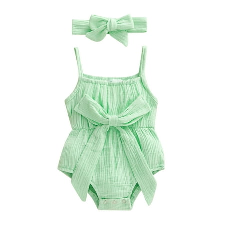 

Sunisery 2Pcs Infant Baby Girls Summer Outfits Solid Color Sleeveless Spaghetti Strap Bowknot Romper + Headband Bluish Green 12-24 Months