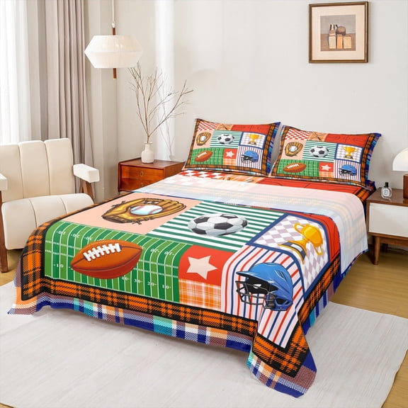 Homewish Football Rugby Baseball Full Size Sheets, Cartoon Ball Sports Player Bed Sheets, Teens Kids Boys Girls Sheet Sets, Ultra Soft Bedroom Decor, 4 Pieces
