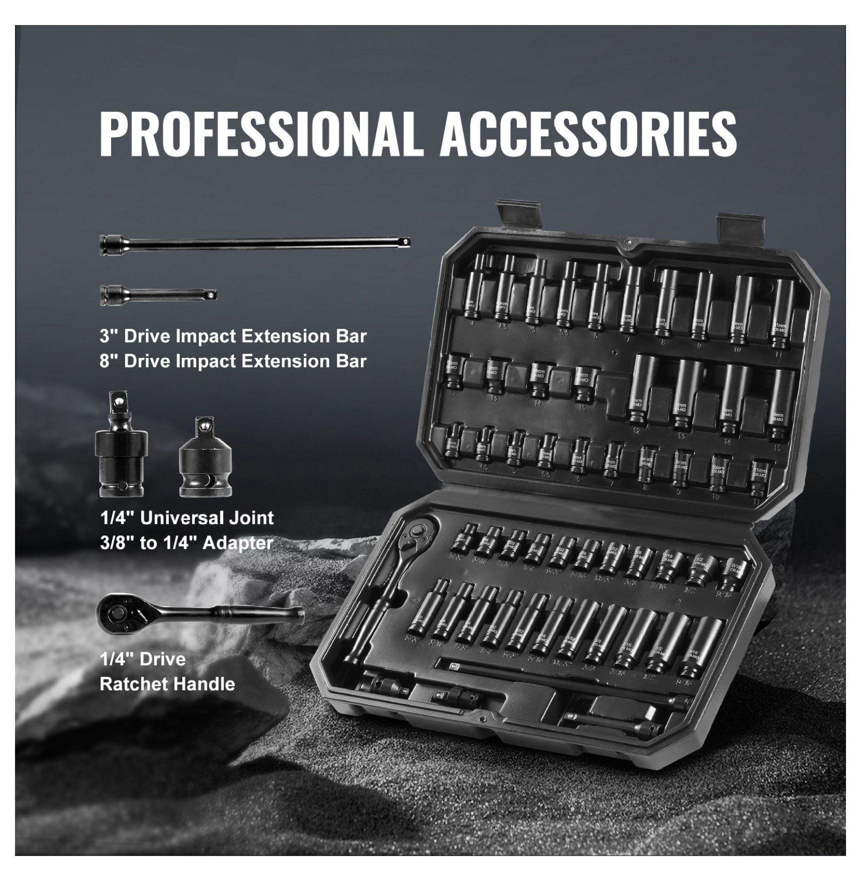 Impact Socket Set 55pcs 1/4" Drive - 6-Point Bit Ratchet Tool Kit - SAE & Metric - Automotive Repair - CR-V Steel