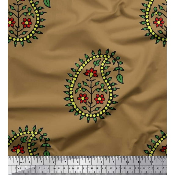 Soimoi Brown Cotton Voile Fabric Leaves,Floral & Paisley Block Print Fabric by the Yard 56 Inch Wide