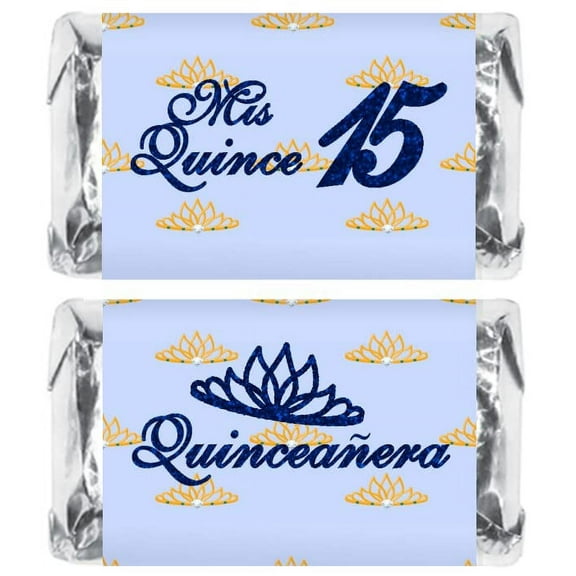 Mis Quince Miniature Candy Bar Wrapper, Quinceanera Mini Chocolate Bar Stickers for 15 Birthday Party, Table Top Event Decorations, (Set of 60) Candy Not Included (Blue)