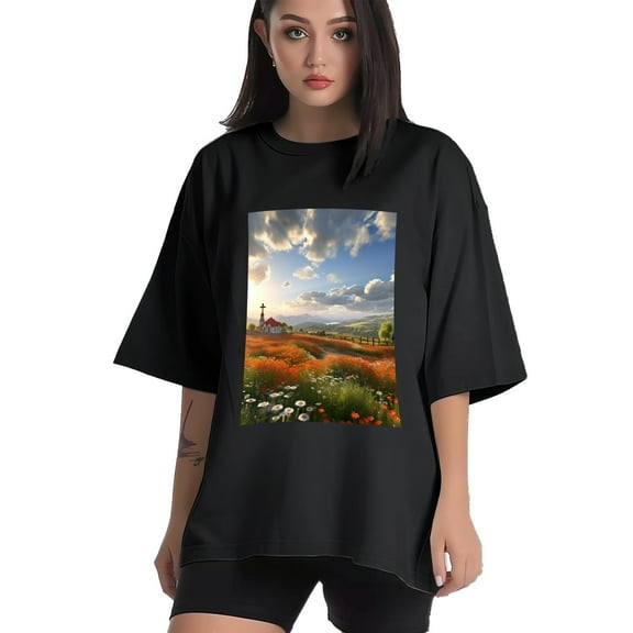 Plus Size Shirt for Women Black Tops for Women Short Sleeves Shirt for Women Green Valley T Shirt Crewneck Shirt for Women XS