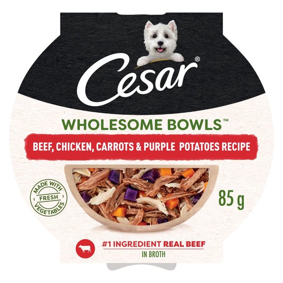 Nourriture humide pour chiens adultes Cesar Wholesome Bowls recette au bœuf, au poulet, aux carottes et aux pommes de terre mauves