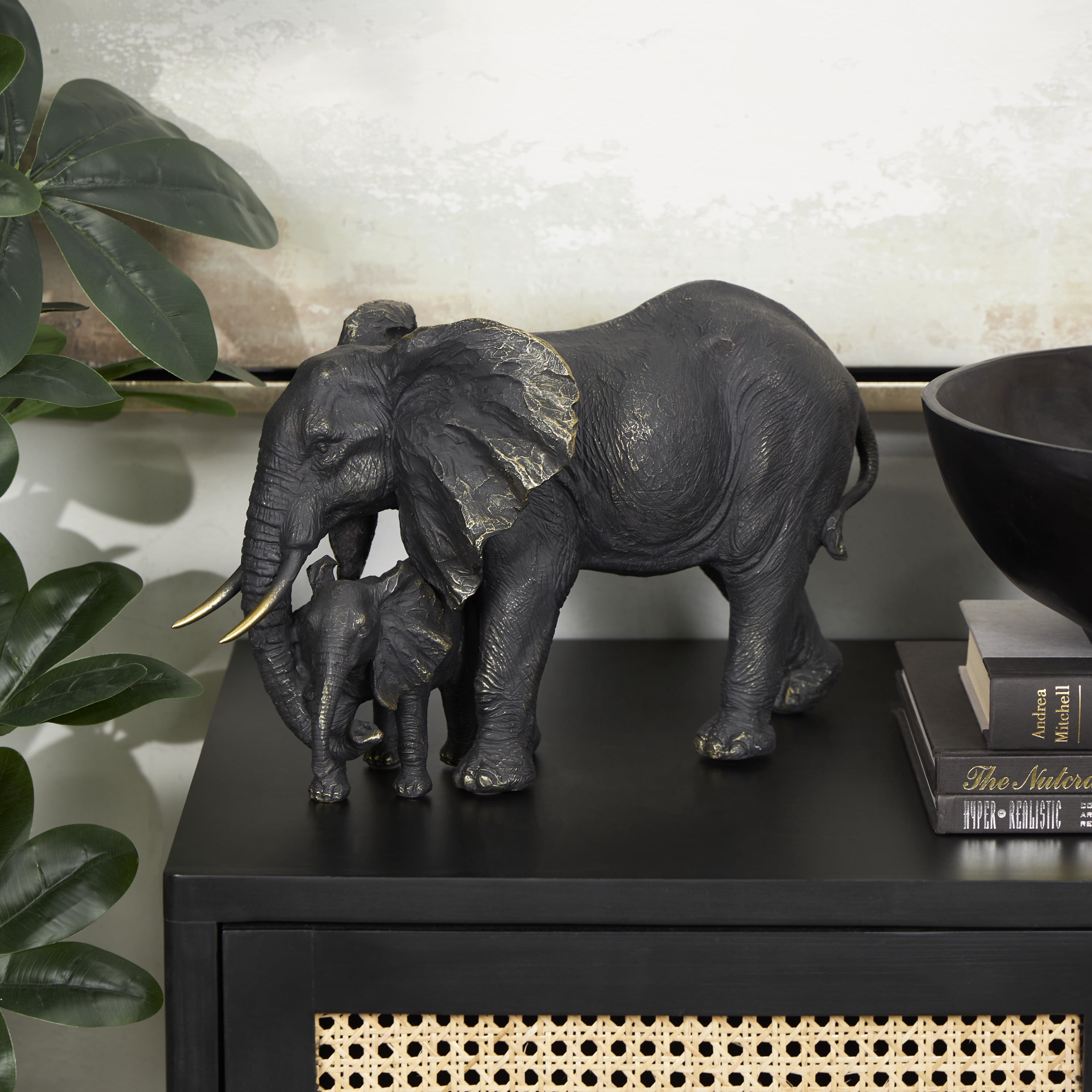 14" x 9" Bronze Polystone Family Elephant Sculpture with Gold Foil Accents, by DecMode