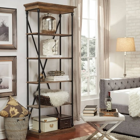 Chelsea Hotel Shelf - Chelsea Lane Metal and Wood Bookcase, 5 Shelves, Brown