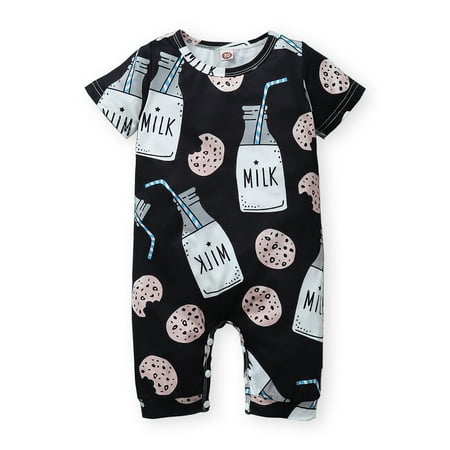 

Newborn Baby Boys Romper Jumpsuit Onesies Bodysuit Short Sleeve Milk Bottle Print Romper 9-12 Months Black