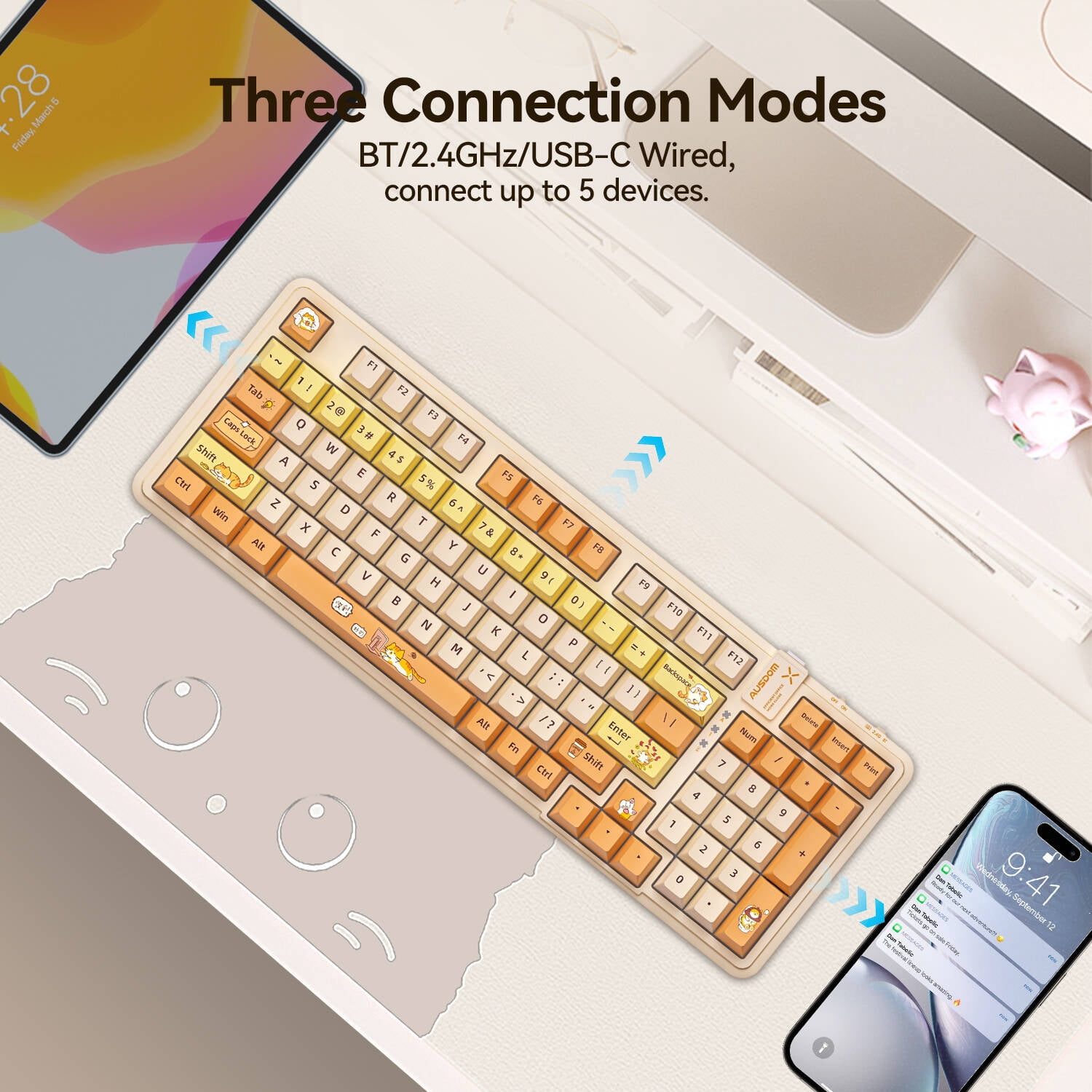 AUSDOM 98Pro Wireless Mechanical Gaming Keyboard - Tri-Mode (Bluetooth/2.4GHz/USB-C), Hot Swappable Linear Switches, White Backlit, Gasket, PBT Keycaps, Compatible with Windows/Mac (Yellow Cat Theme)