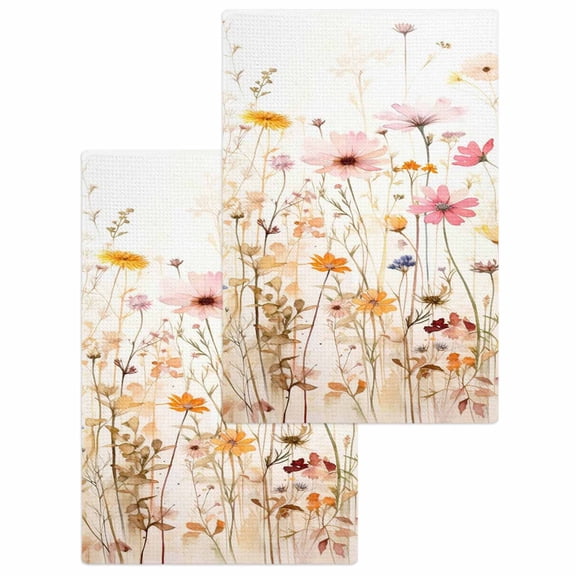Colorful Wildflower Kitchen Dish Towels for Drying Dishes Set of 2, Botanical Vintage Floral Country Retro Waffle Weave Microfiber Hand Tea Bathroom Towels Quick Dry & Absorbent Towel 15.7x23.6