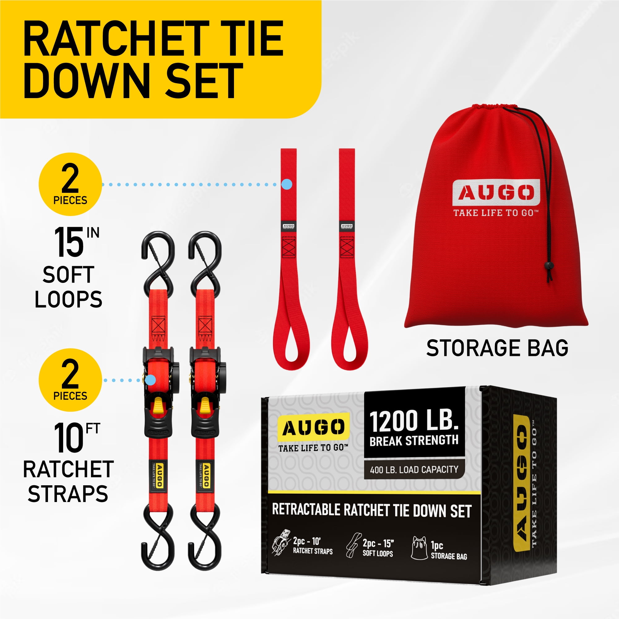 AUGO Retractable Ratchet Straps | 2 Heavy Duty Ratchet Straps Self Retractable Tie Down Straps with Soft Loops & Storage Bag for Motorcycle, Truck, Trailer, Cargo Van |1200 Lb Break Strength 1” x 10’