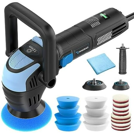 Mini Polisher, 2inch/ 3inch 750W Car Buffer with 12mm Random Orbital-Improve Work Efficiency by 35%, with 16pcs Trapezoidal Polisher Pads &16.4 ft Cord, for Car Detailing and Waxing