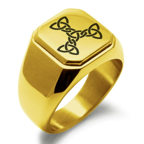 Stainless Steel Celtic Triquetra Interlaced Knot Engraved Square Flat Top Biker Style Polished Signet Ring