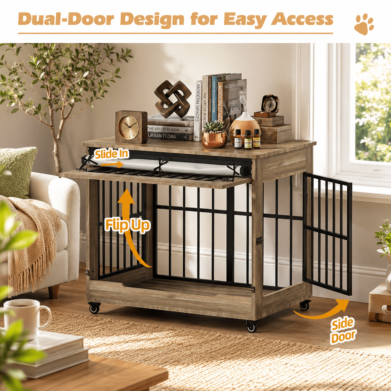 Aukfa 38.6-Inch Large Dog Crate Furniture, Indoor Dog Kennel Decorative Pet Cage End Table, Lift-Up Door, Curtain & Wheels,Greige