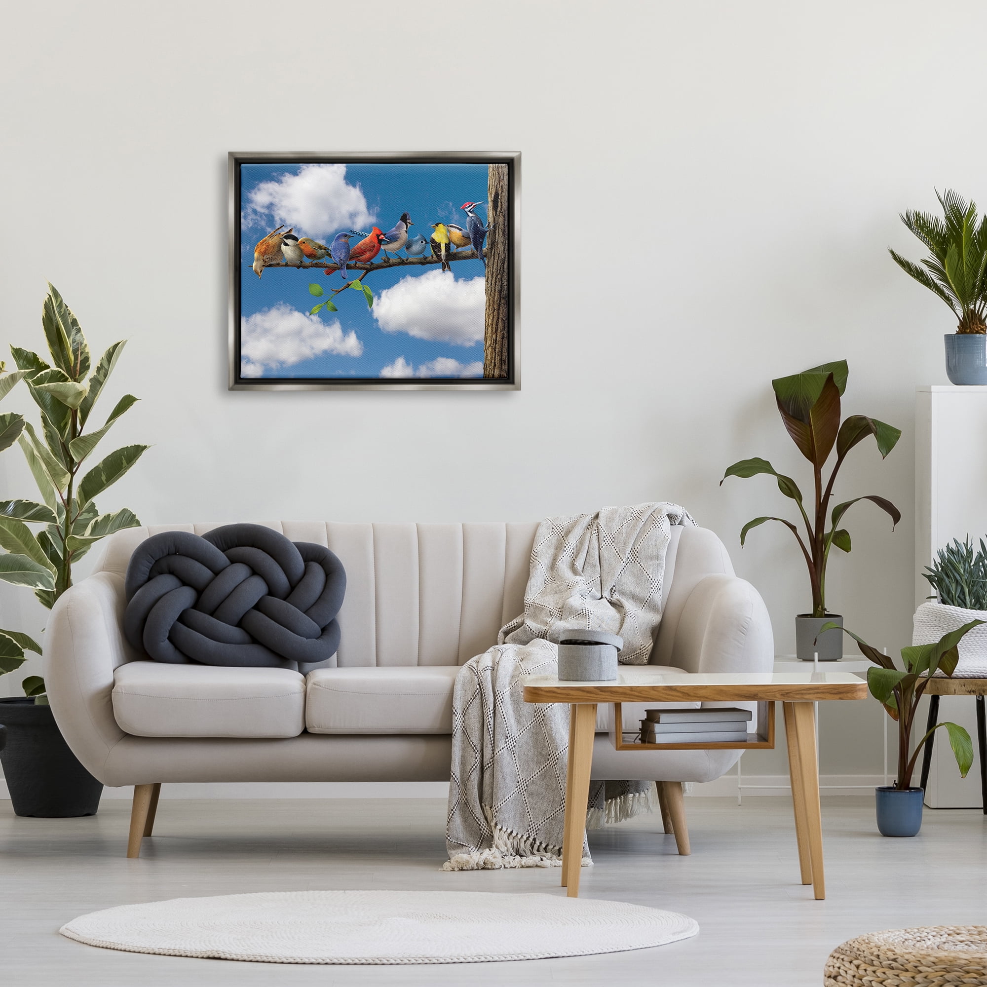 Stupell Industries Various Birds on Branch Animals & Insects Painting Gray Floater Framed Canvas Art Print Wall Art, 31 x 25