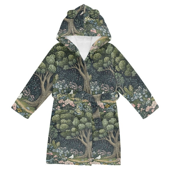 FORMRS Niños Bathrobe Unisex Hooded Robe Soft Plush Pajamas Sleepwear, Size 2-3T, Green Forest Scene