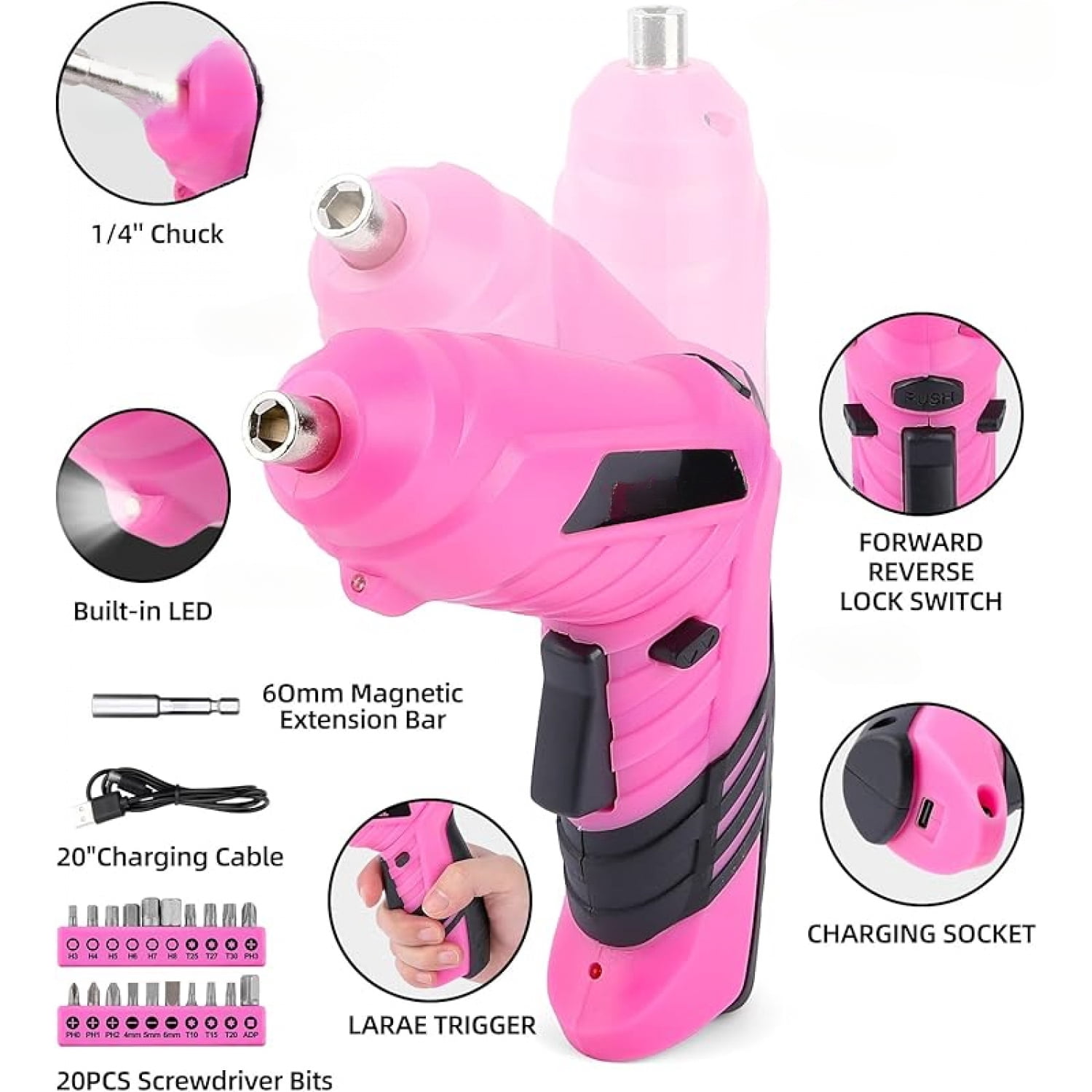 147 Pcs Pink Tool Kit with 12V Cordless Drill with 3/8" Keyless Chuck for Women, Home, Men, Built-in LED, Type-C Charge Cable