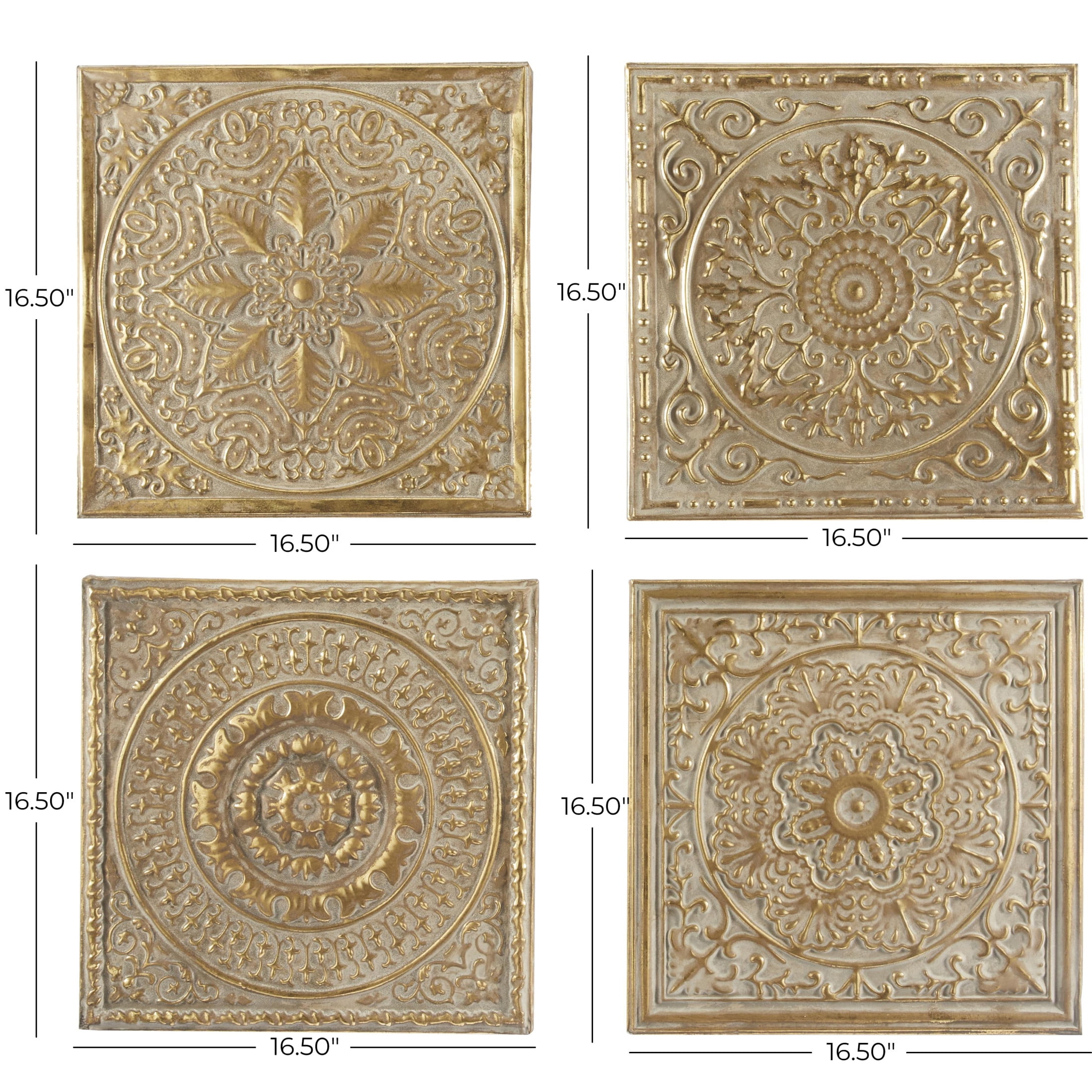 DecMode Gold Metal Scroll Wall Decor with Embossed Details (4 Count)