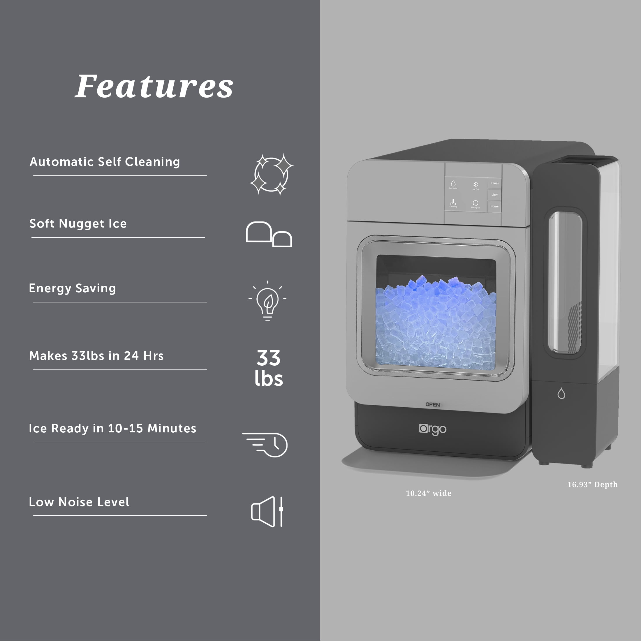 Orgo Sonic Countertop Nugget Ice Maker, 33lbs Daily Capacity, Stainless Steel