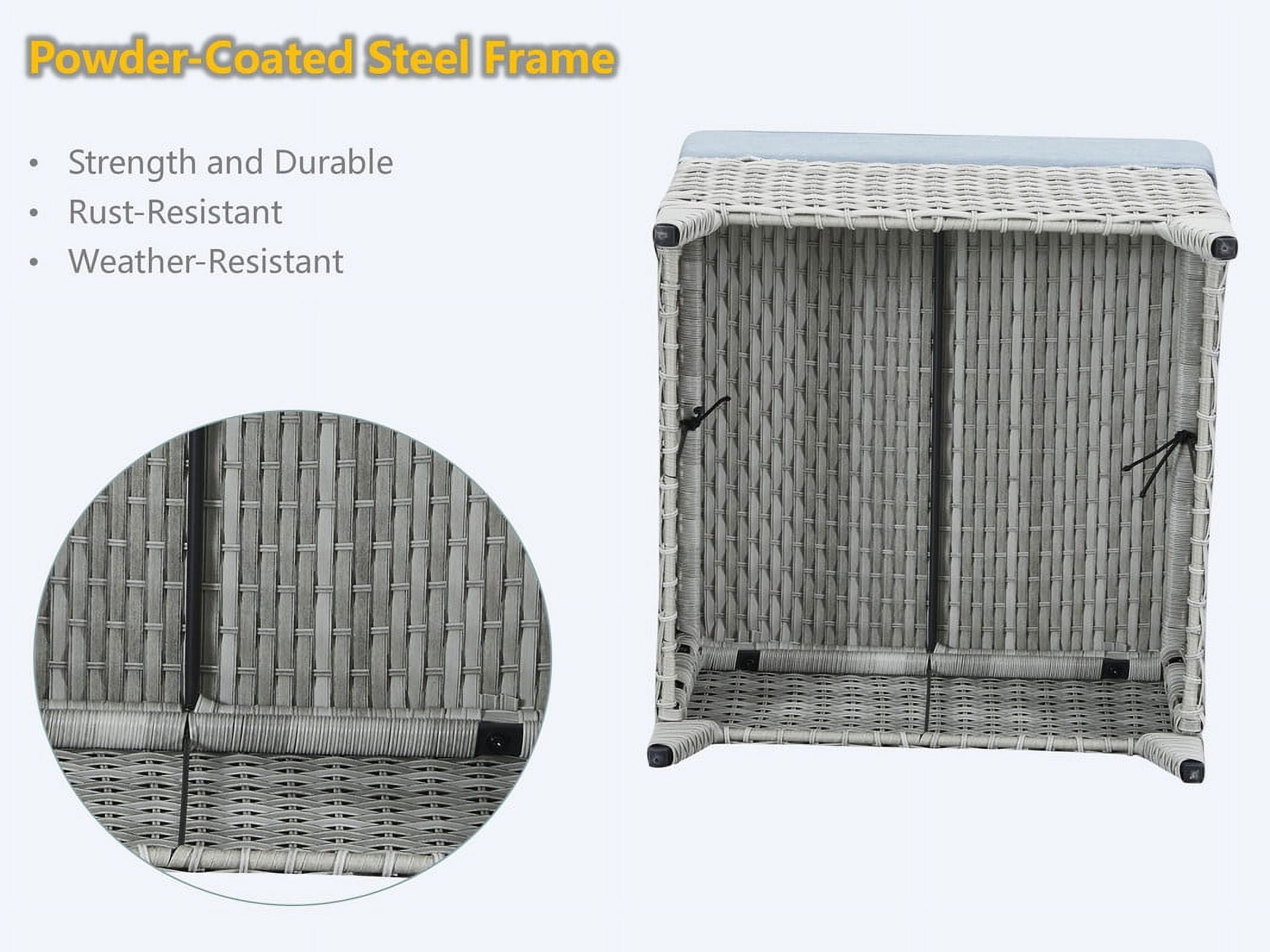 PARKWELL 2PCS Outdoor Wicker Ottoman Patio Rattan Furniture Footrest Seat Square Footstool w/Light Blue Cushion