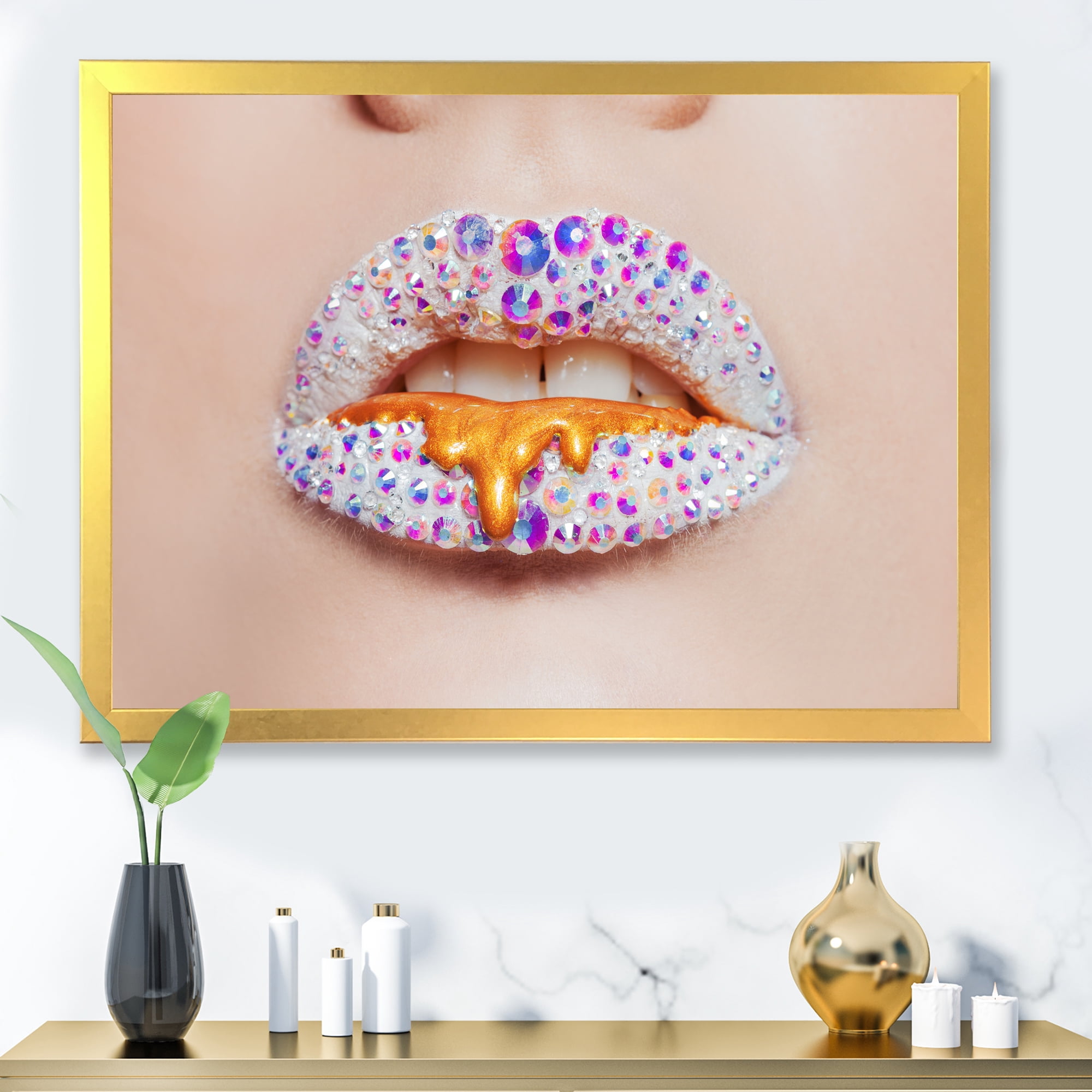 Designart 'Shining Woman Lips Covered With Rhinestones and Smudges' Modern Framed Art Print