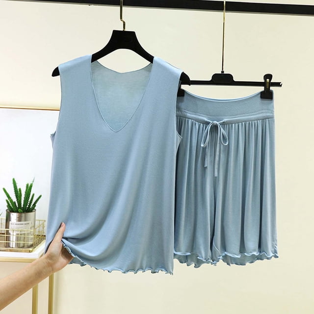 RKSTN Pyjama pour Femmes Ensemble Coton à Volants Grande Taille Col en V Sans Manches Camisole de Pyjama avec Shorts 2 Pcs Pyjama Léger pour Femmes