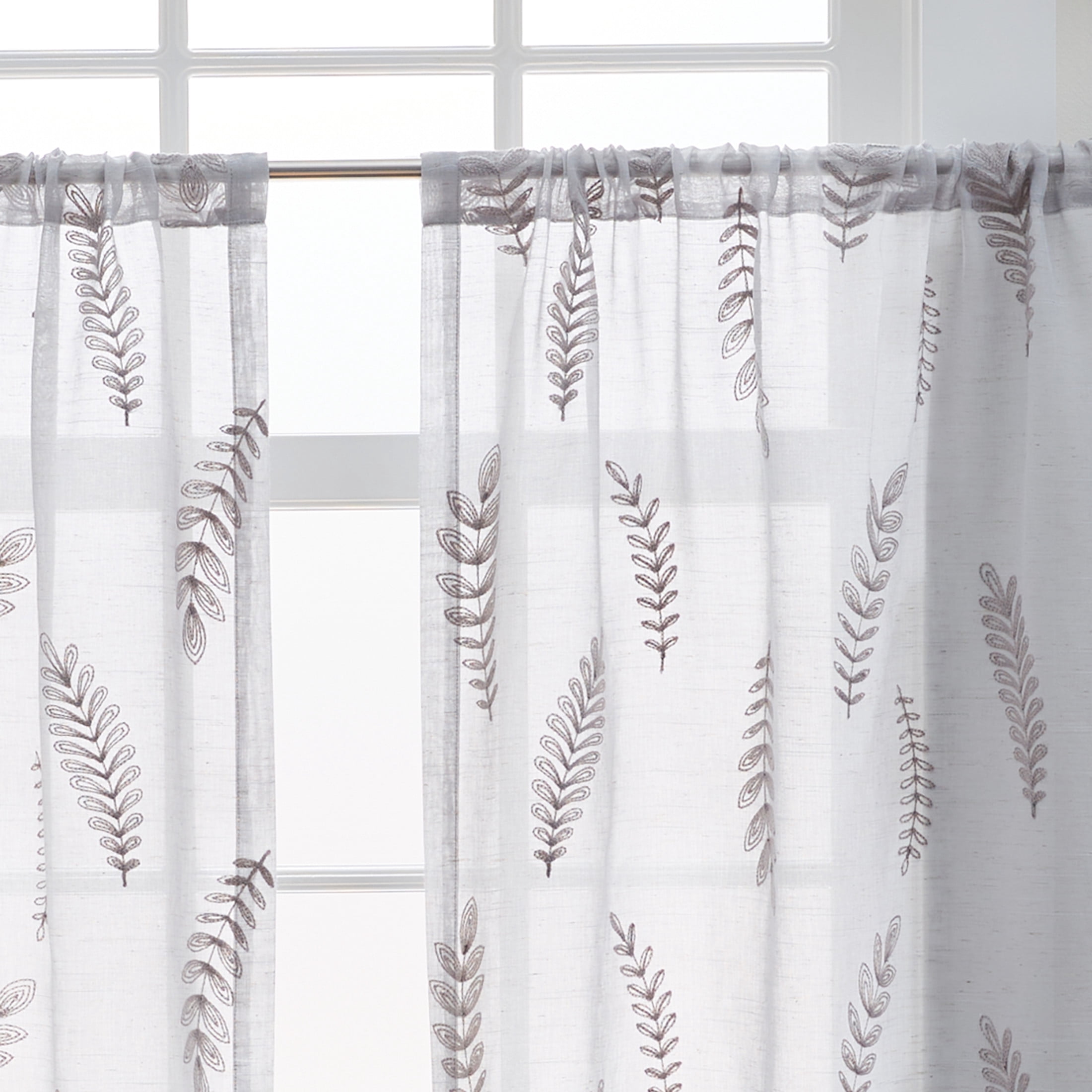 Better Homes & Gardens Embroidered Botanical Valance & Tier Set, 3-Piece Curtain, Silver, Indoor, 60"W x 36"L, Adult, Teen