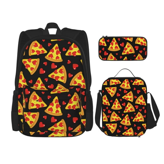 Wukai Cartoon Pizza for Backpack Combination Three-piece Set, Pocket Backpack Messenger Lunch Bag Pencil Case Set, Suitable for School, Office, Unisex