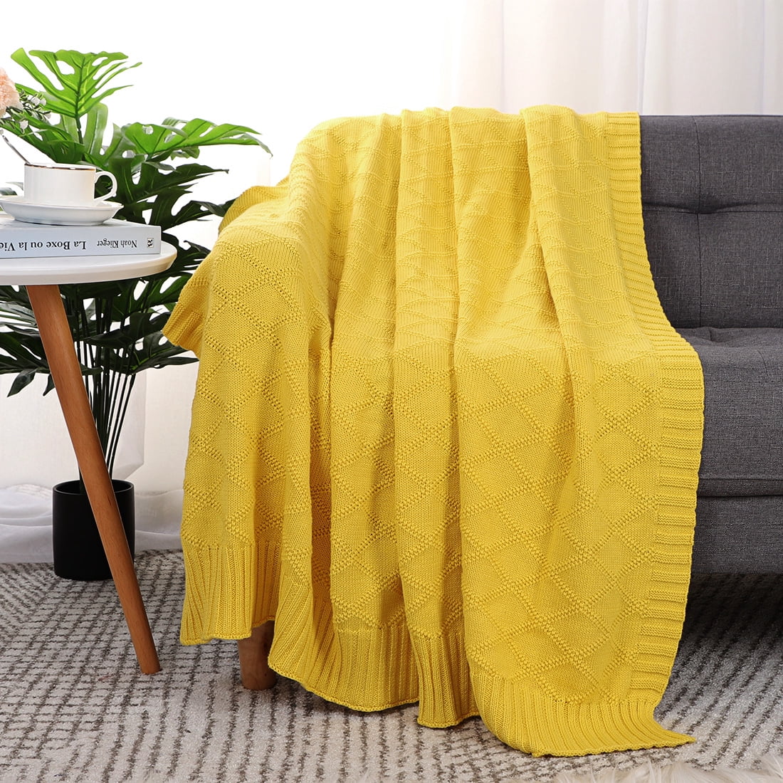 Unique Bargains  100% Cotton Cable Knit Throw Blanket Yellow 50" x 60"