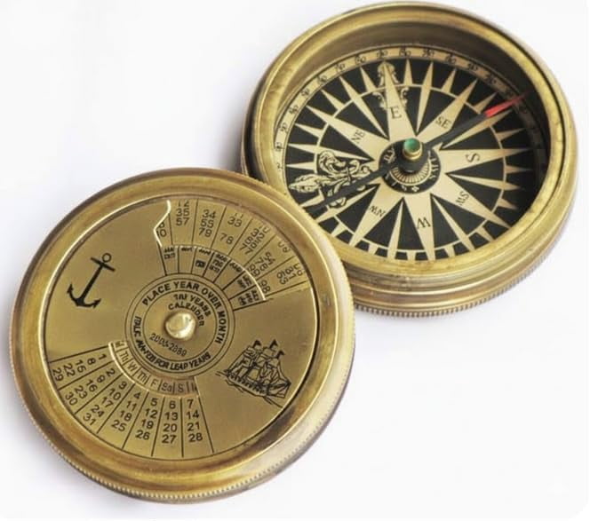 Maritime treasures Vintage Brass Calendar Compass – Antique Nautical Pocket Compass with Perpetual Calendar Dial – Marine Navigation Instrument, Collectible Gift