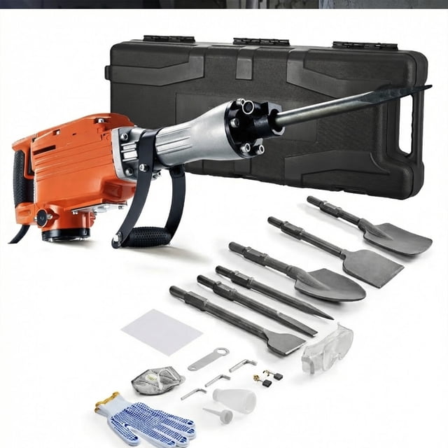 Martillo Demoledor 2200W, 1400 BPM, Cinceles Incluidos 6 pzas, Mango Delantero Giratorio 360°, para Romper Hormigón
