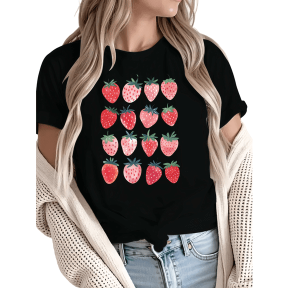 Women Casual Strawberry Pattern Graphic Tees Cotton Crew Neck Printed T Shirt Tops Black S-5XL