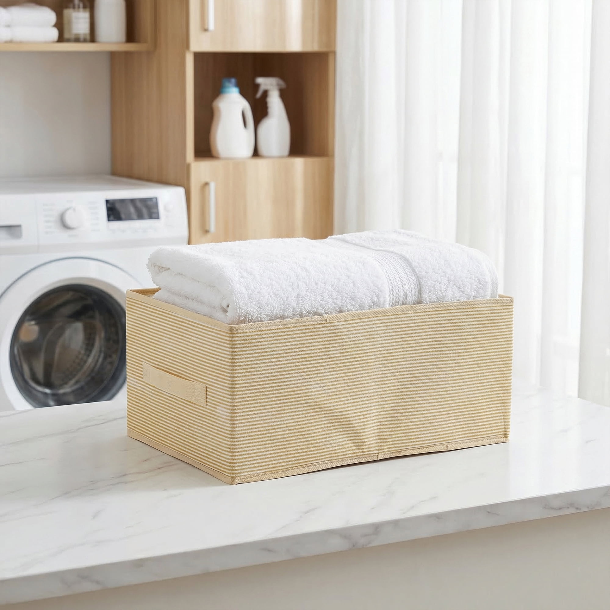 Unique Bargains 3pcs Fabric Storage Bin with Stripe Beige 18.5*11*7.9in