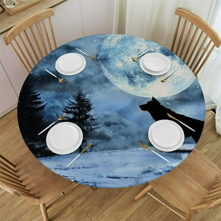 

Orinice Wolf Snow Full Moon Round Table Cover Stain Resistant Washable Indoor Outdoor Tablecloth Kitchen Dining Wedding Parties Table Cloth 100% Polyester Fiber 42-46